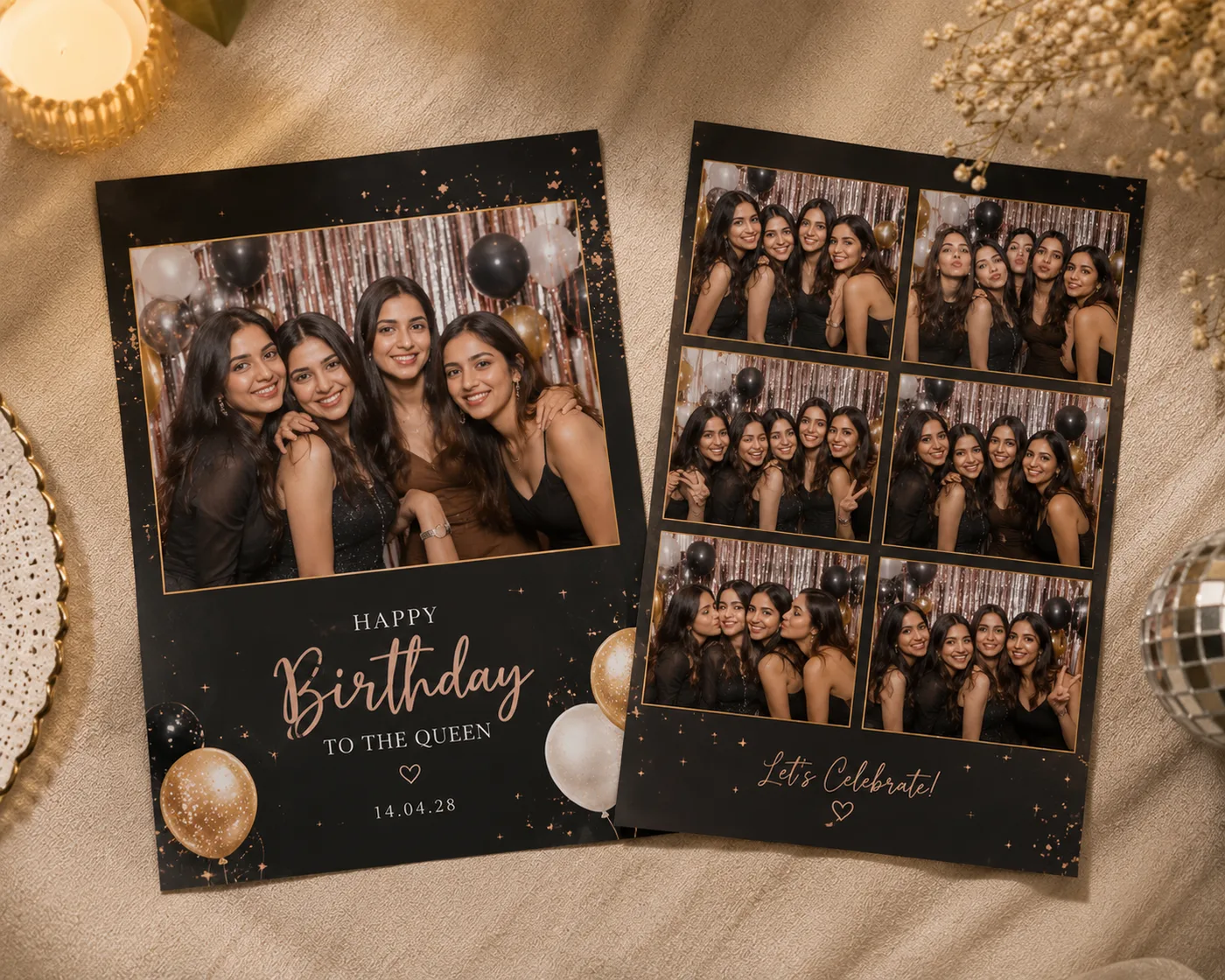 Birthday photobooth template in black and gold with balloons