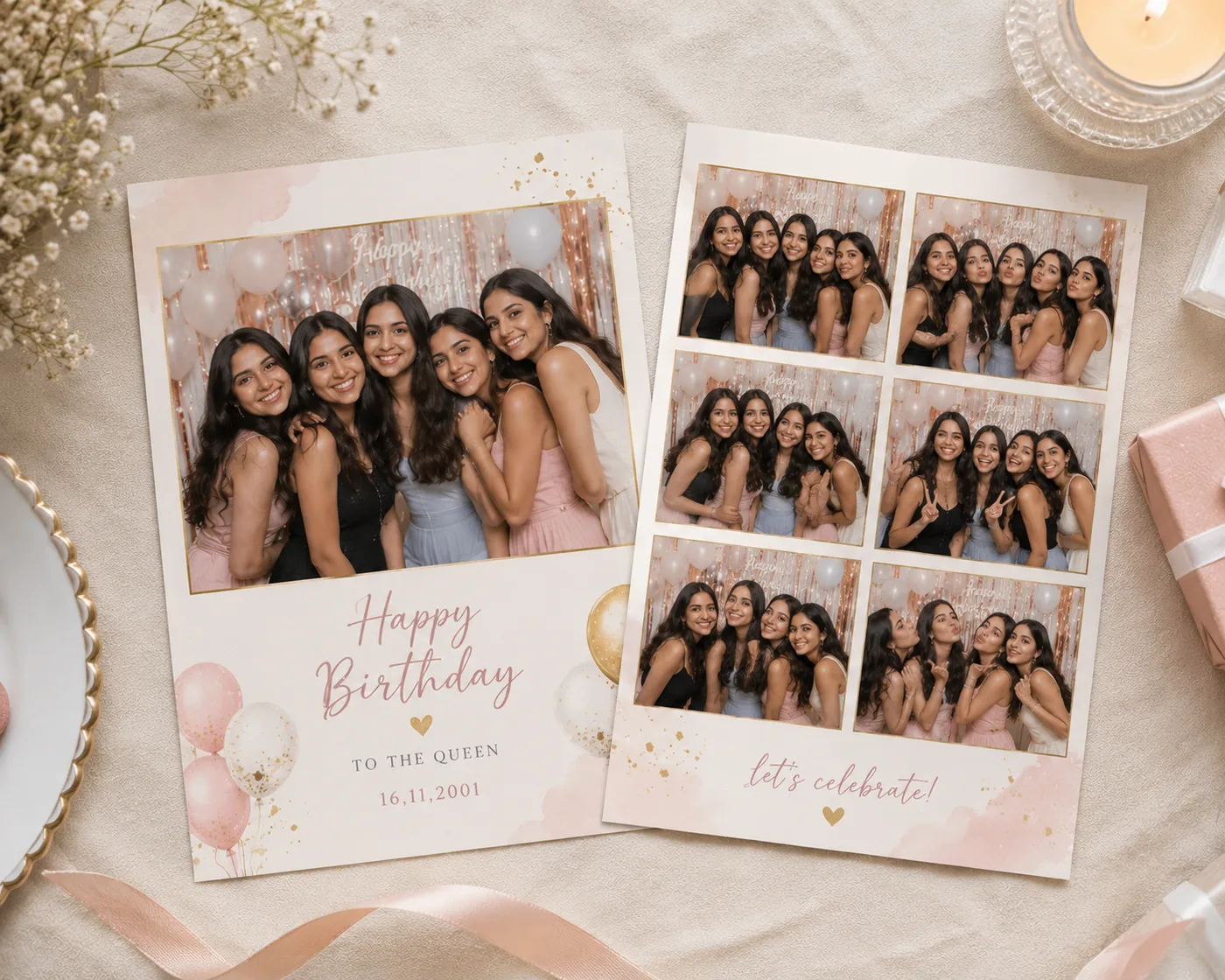 Birthday party photo strip template with custom name and date